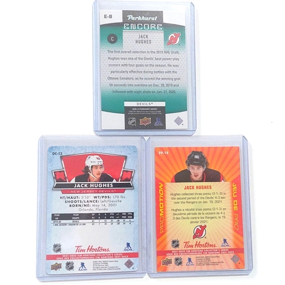 Jack Hughes New Jersey Devils Hockey Card Lot 2 Tim Hortons and 1 Parkhurst - Picture 2 of 2